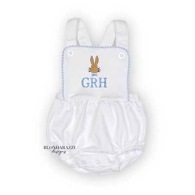 Baby boys easter outfit sun bubble romper with embroidered bunny rabbit head and initials or name underneath - image1